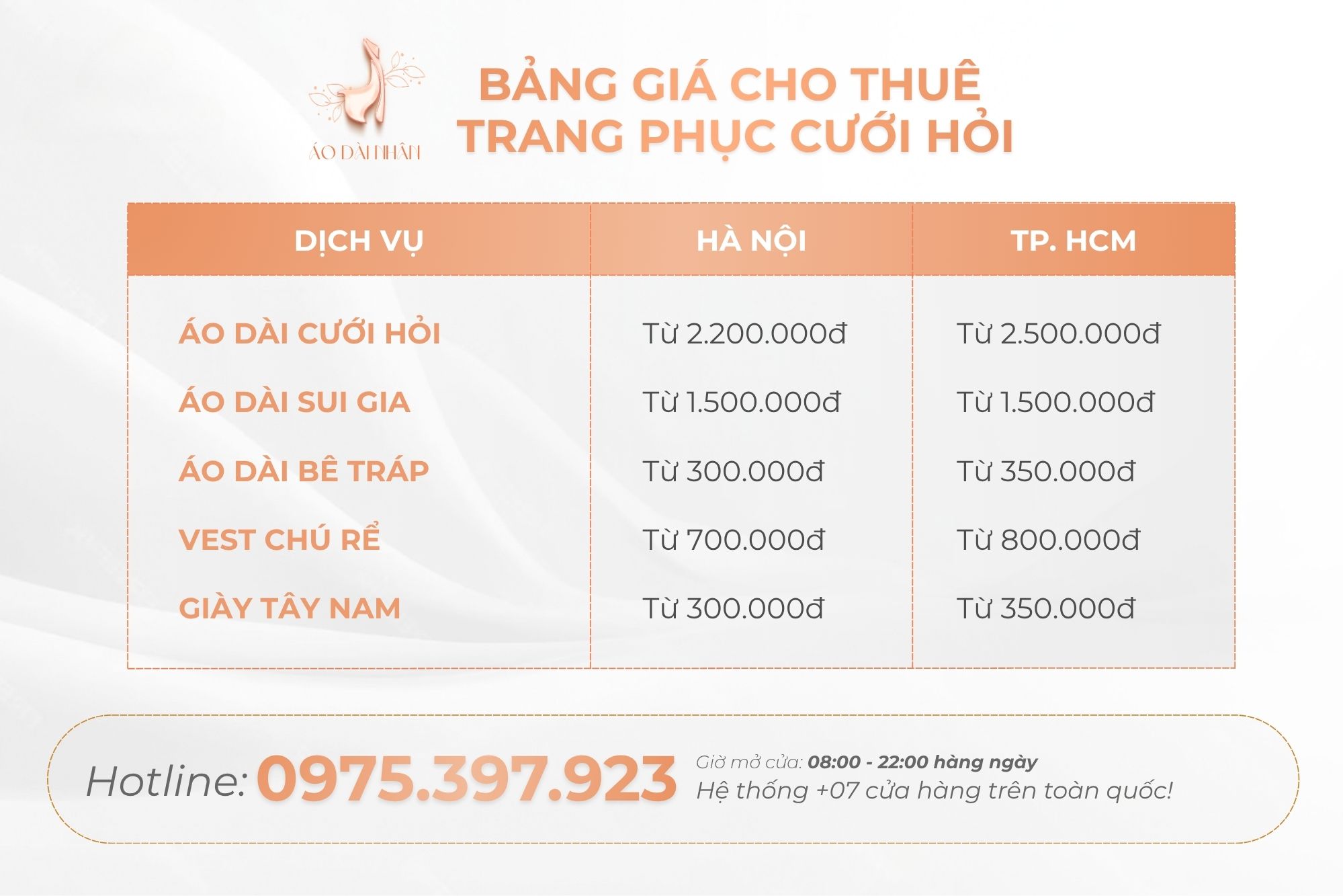 Bảng giá cho thuê vest cưới trọn gói tại Áo Dài Nhân